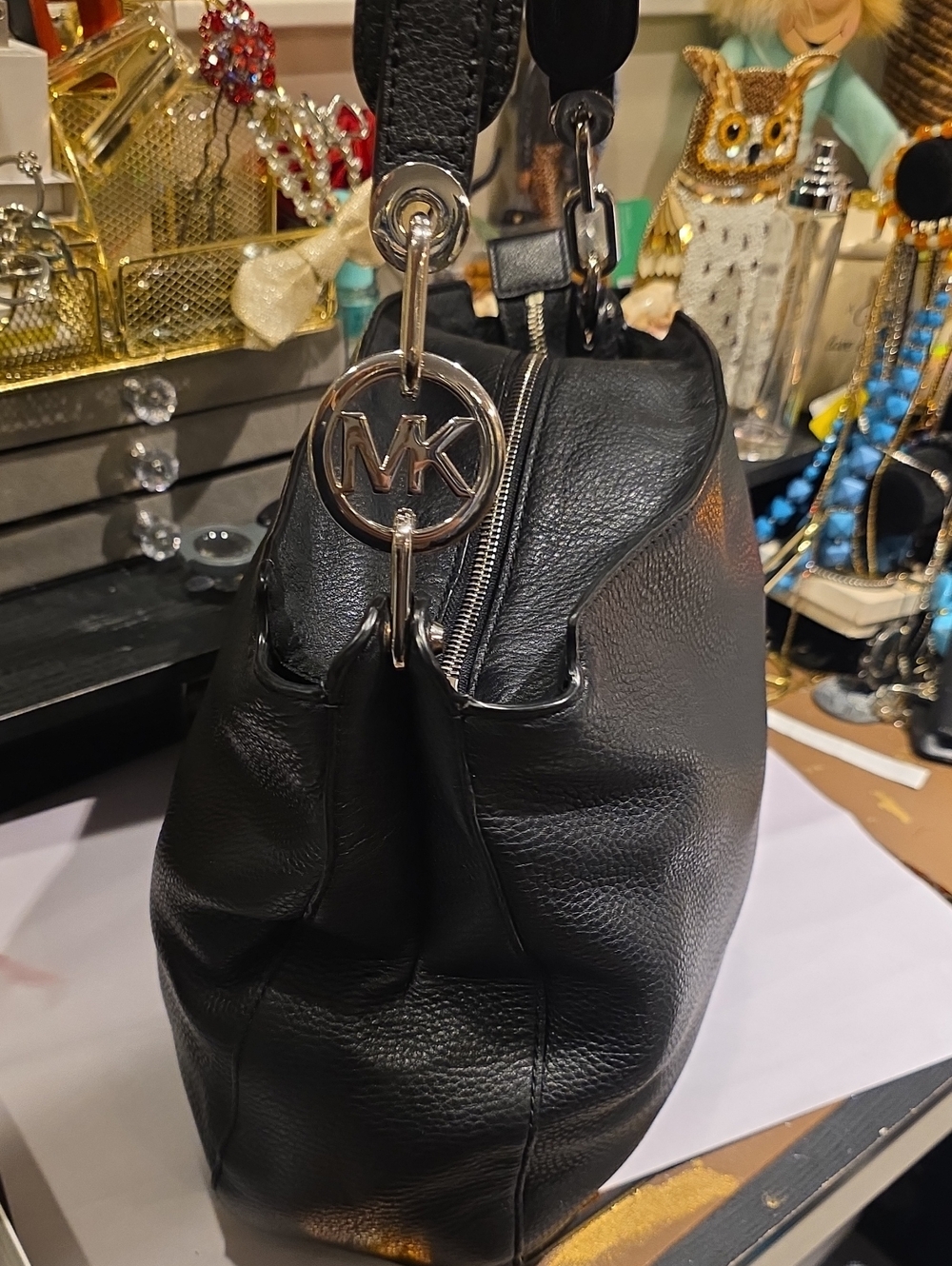 Michael Kors Black Leather Shoulder Bag with MK Charm